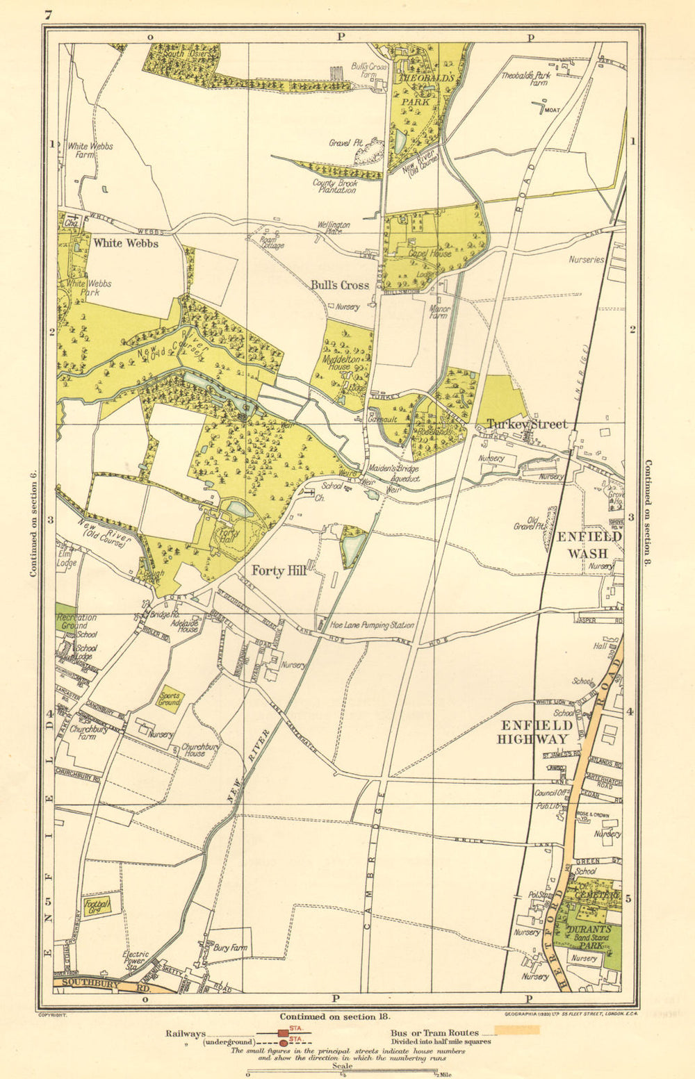 ENFIELD.Bull's Cross,Enfield Wash,Forty Hill,White Webbs,Freezy Water 1923 map