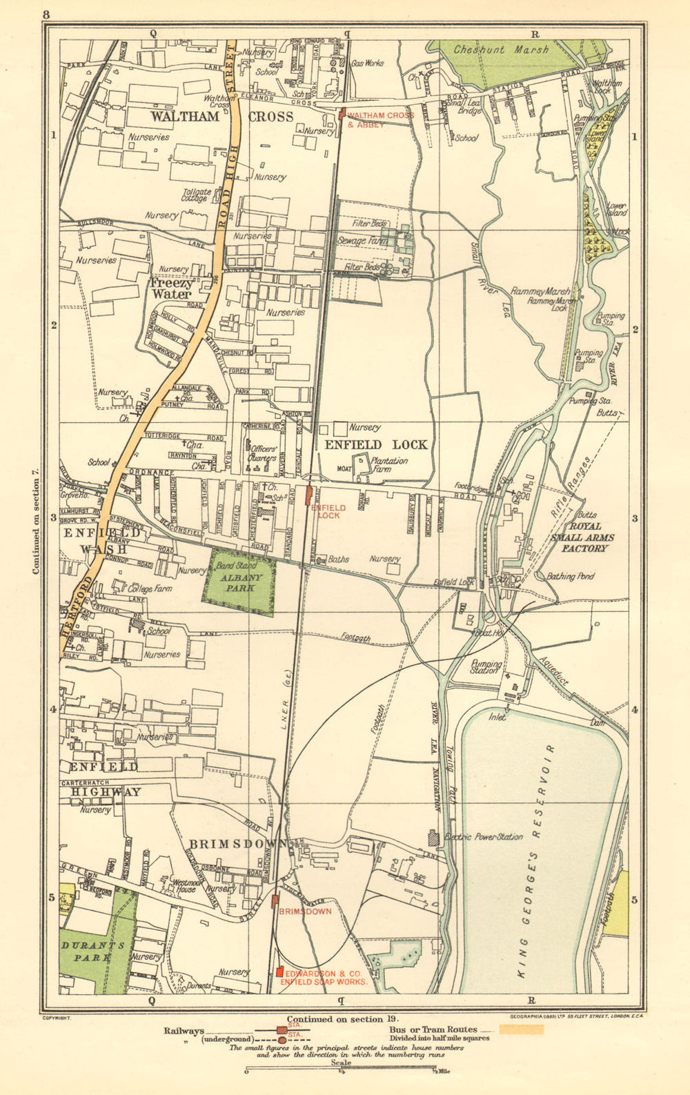 ENFIELD. Lock, Wash, Highway; Waltham Cross, Brimsdown, Freezy Water 1923 map