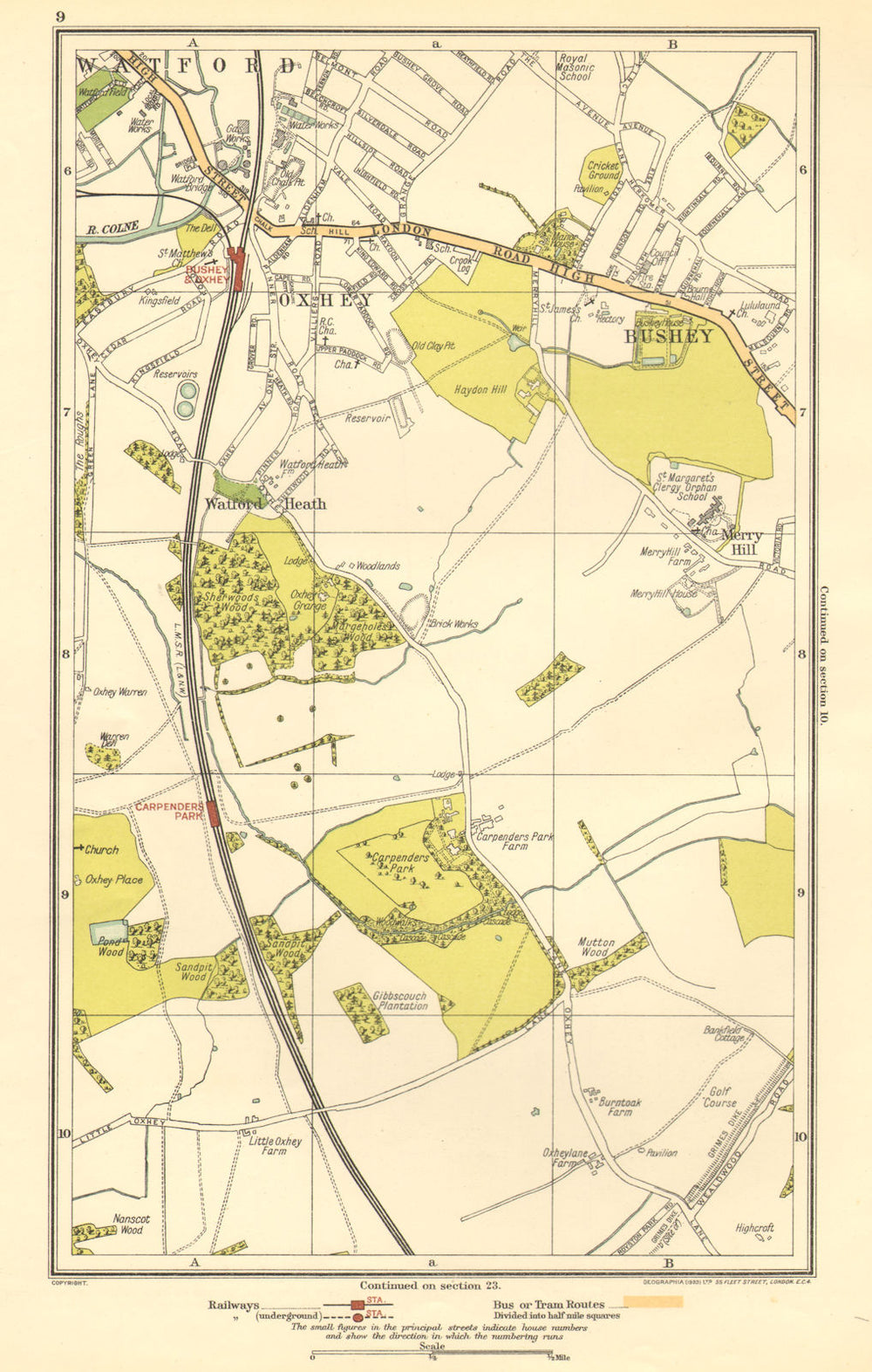 OXHEY. Bushey, Watford, Carpender's Park, Merry Hill 1923 old antique map