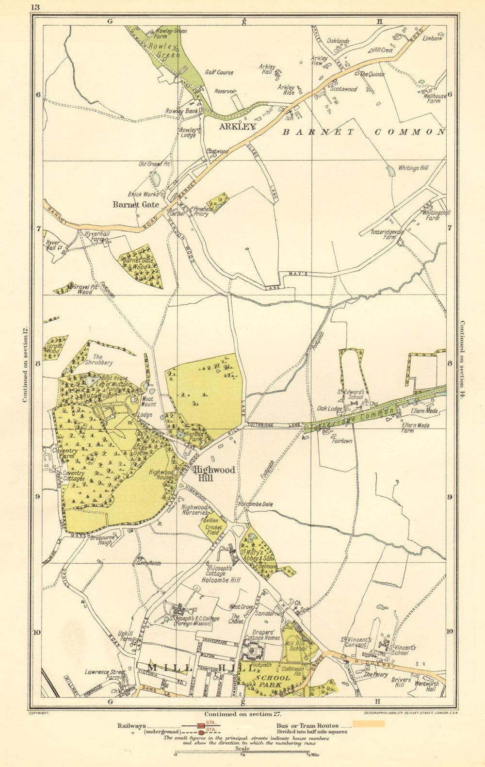 LONDON. Arkley, Barnet Gate, Highwood Hill, Mill Hill 1923 old antique map