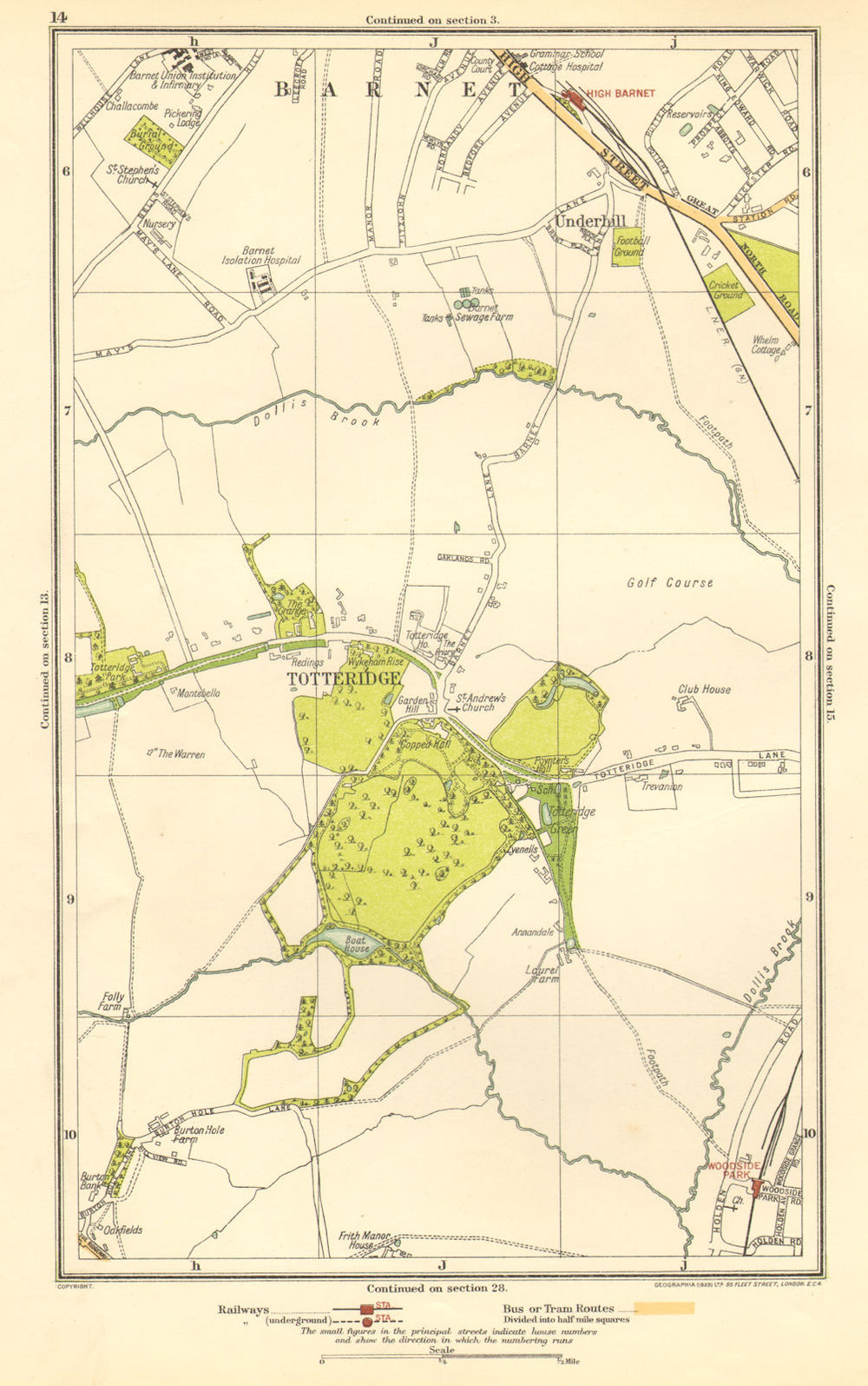 HIGH BARNET/CHIPPING BARNET. Totteridge, Woodside Park, Underhill 1923 old map