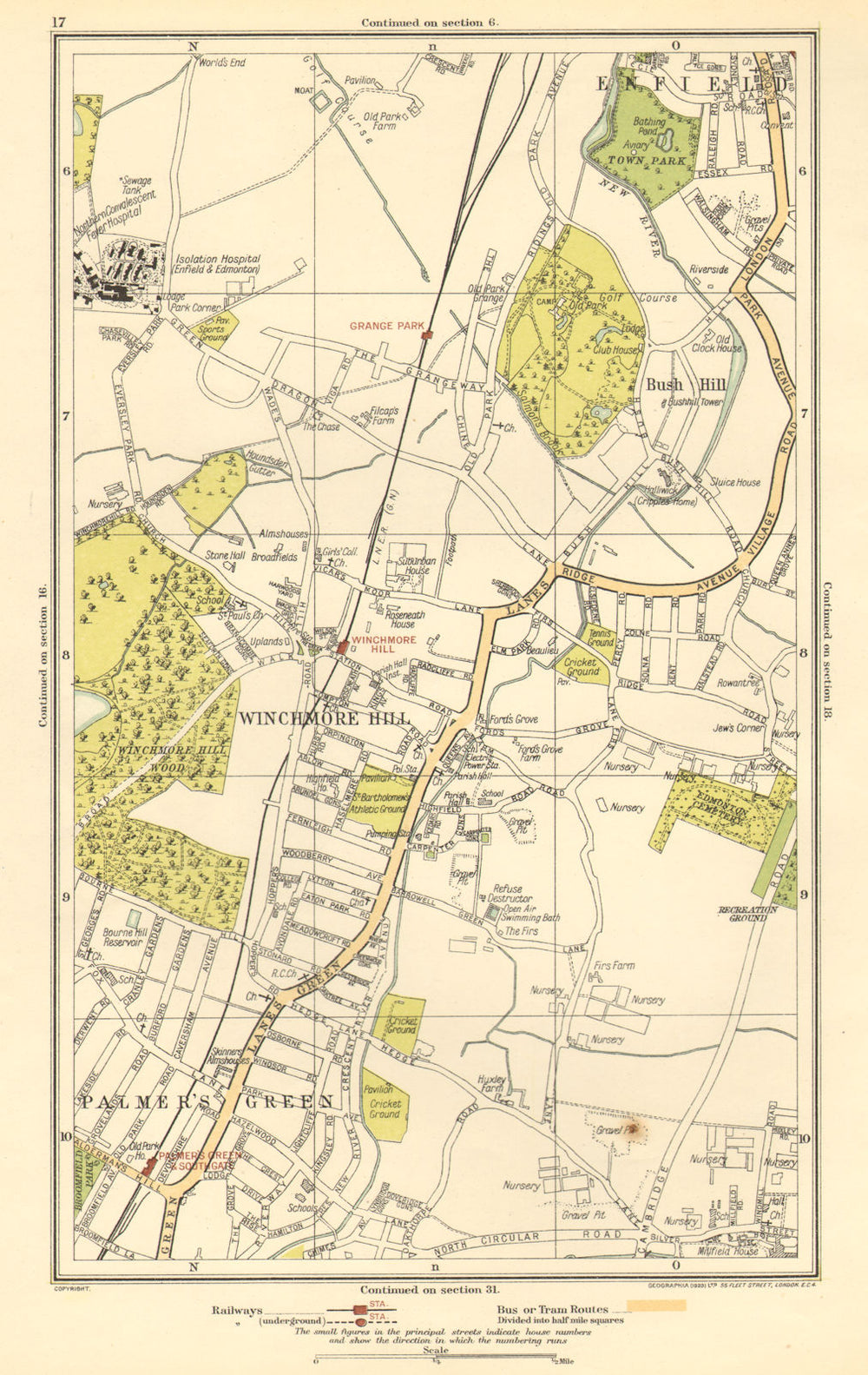 SOUTHGATE. Winchmore Hill, Grange Park, Palmers Green, Bush Hill 1923 old map