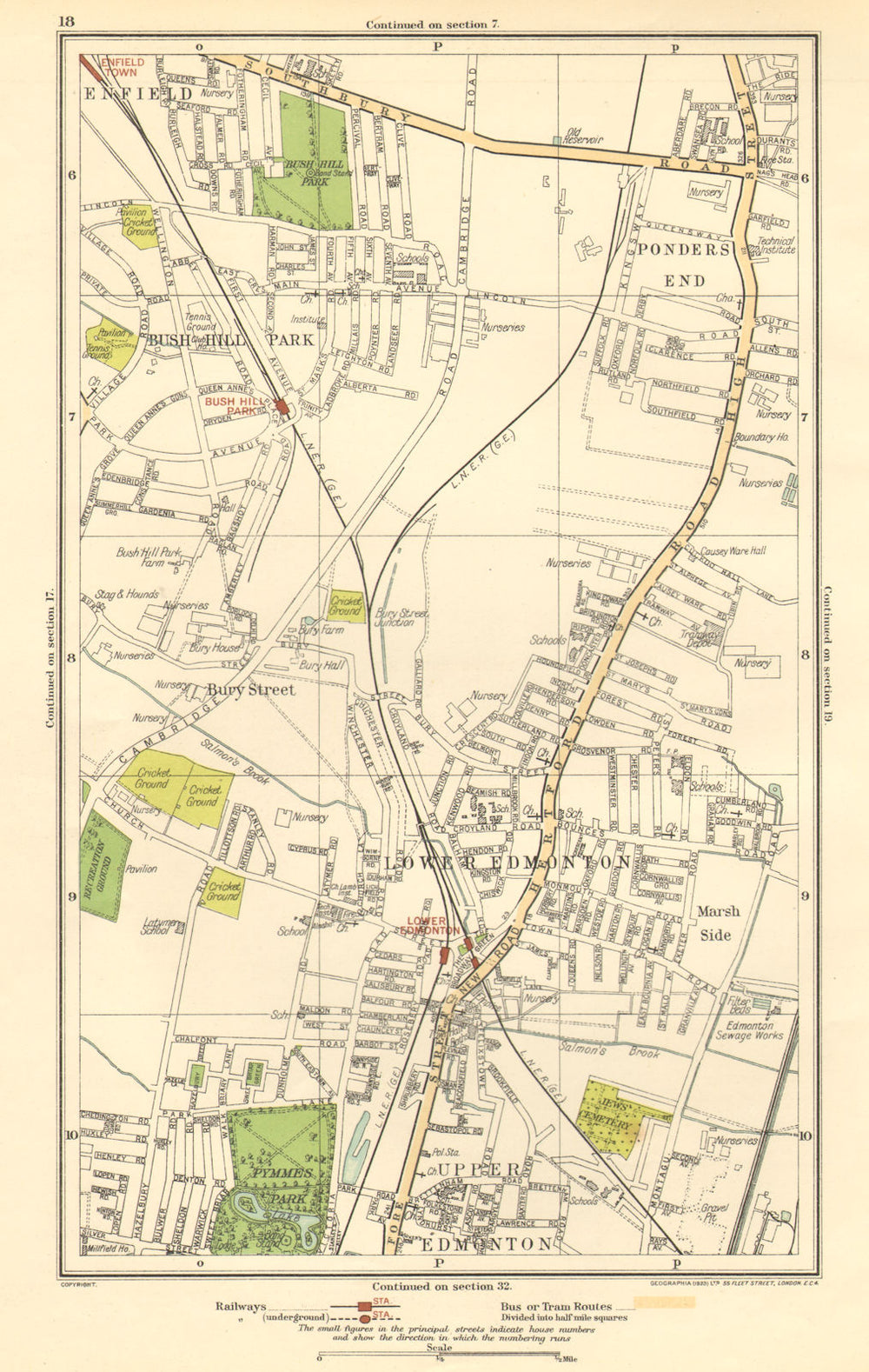 EDMONTON. Bush Hill Park, Ponders End, Enfield Town, Bury Street 1923 old map