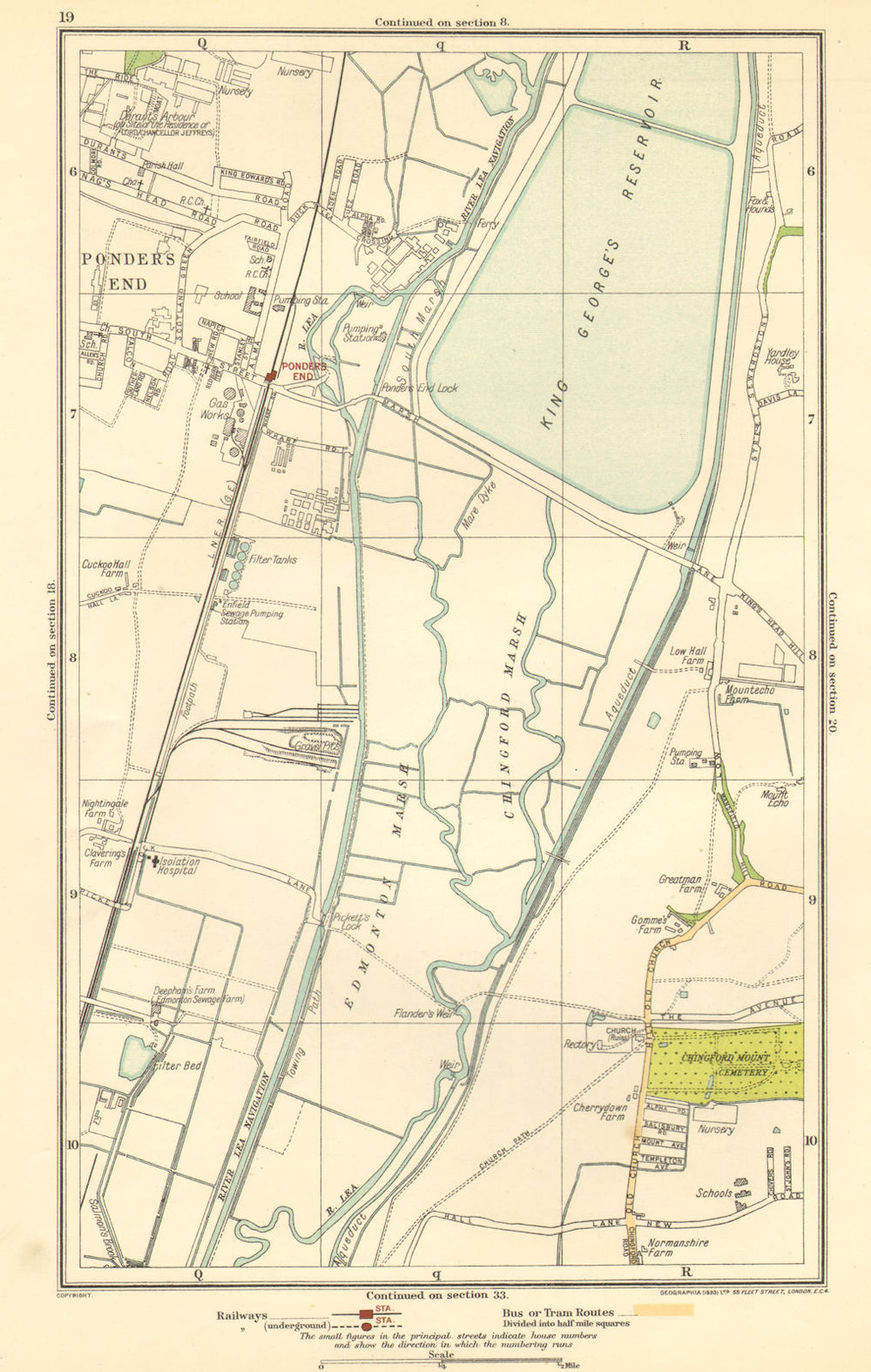 LONDON. Ponders End, Chingford Marsh, Edmonton Marsh 1923 old antique map