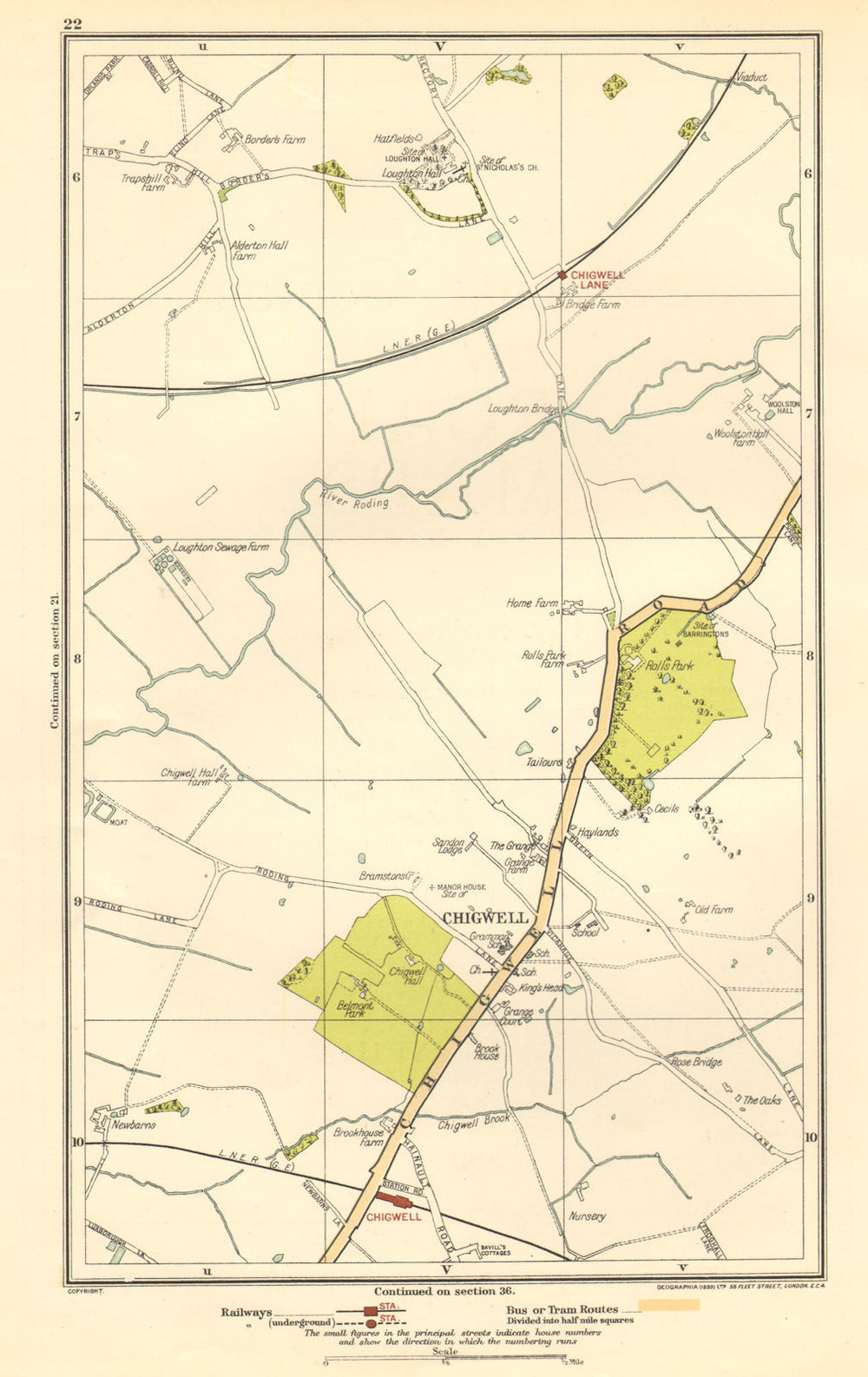 ESSEX. Chigwell, Loughton, Debden, Patch Park, River Roding 1923 old map