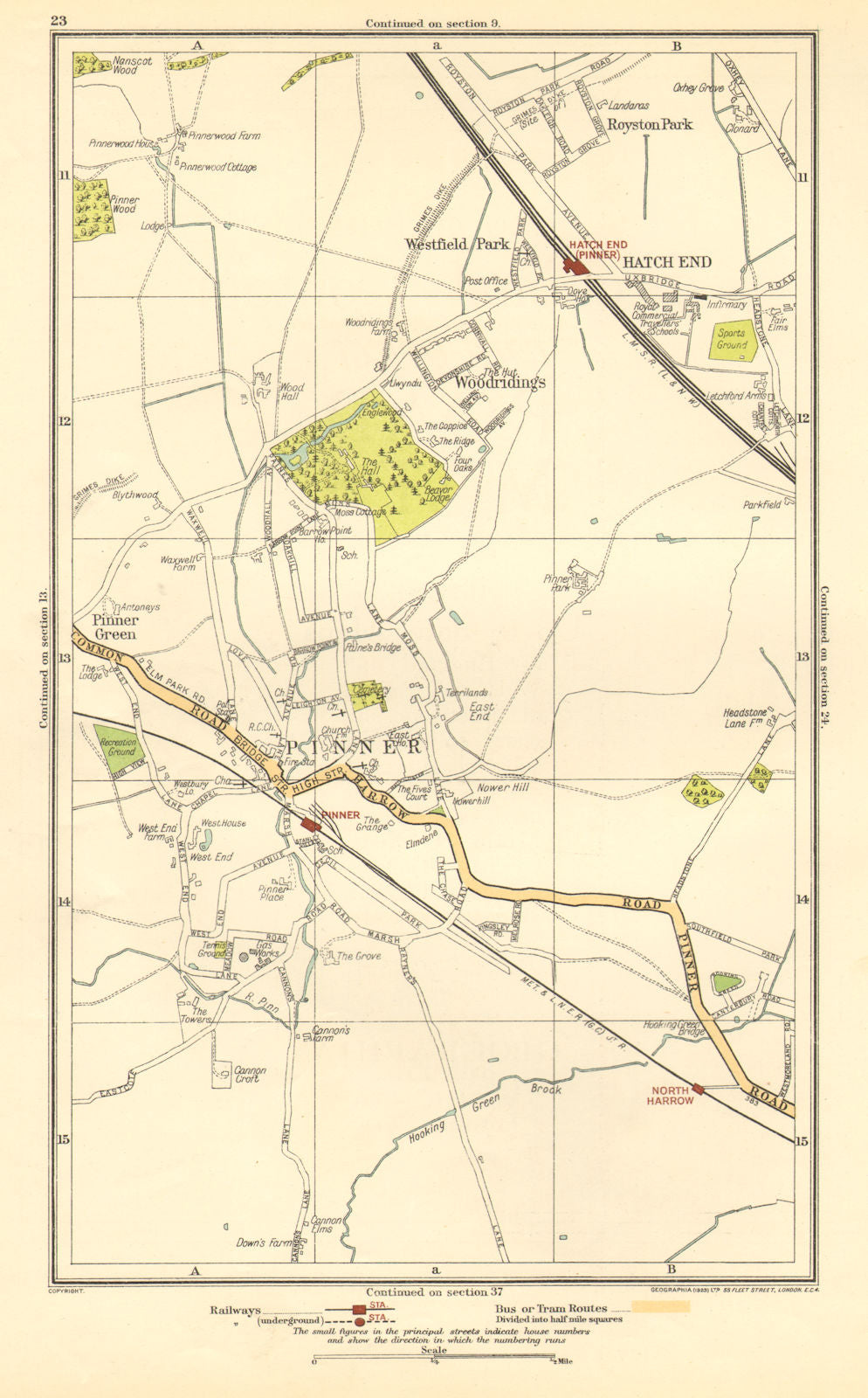 PINNER. Hatch End, North Harrow,Eastcote, Royston Park,Westfield Park 1923 map