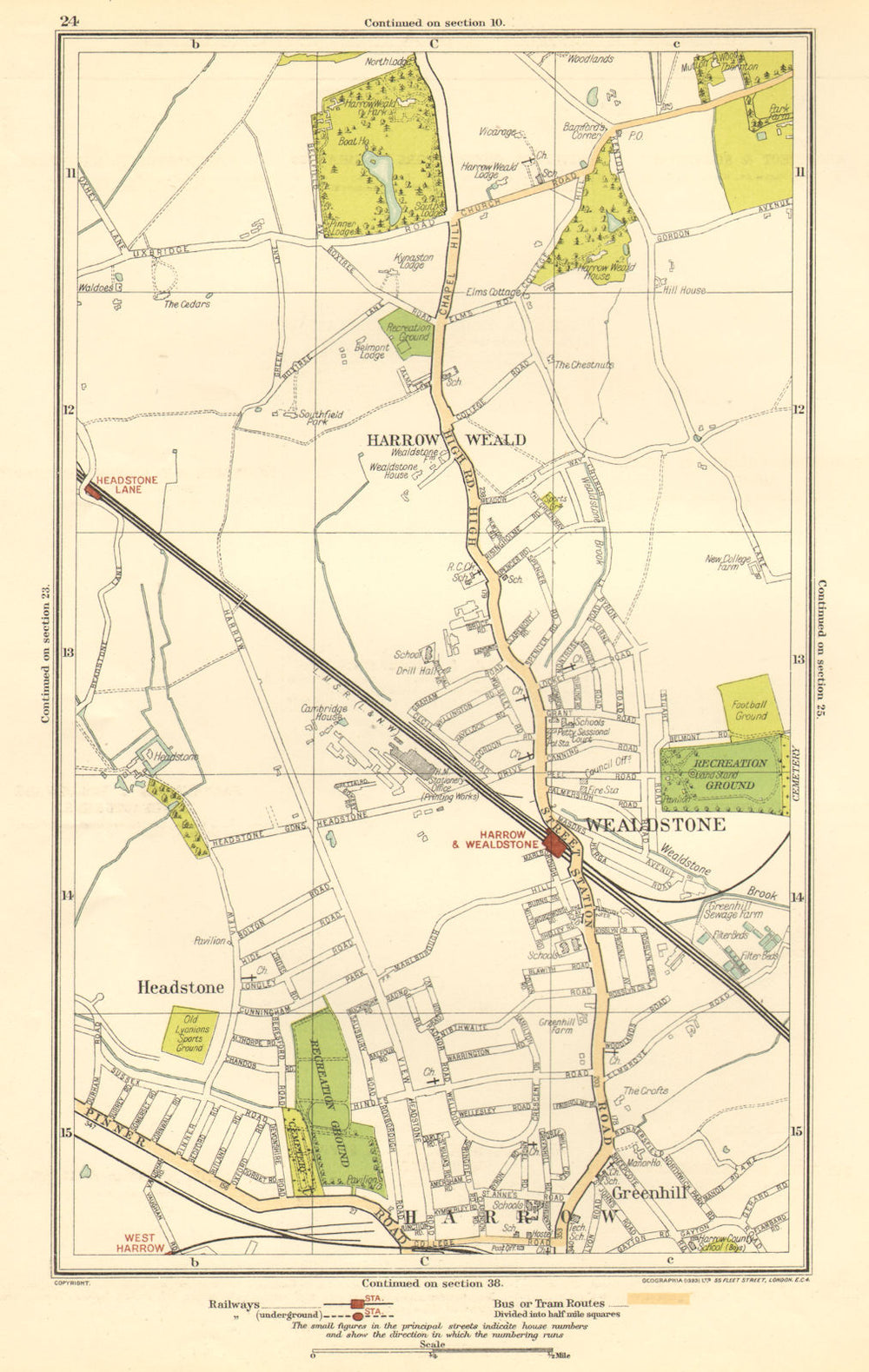 HARROW. Stanmore, Wealdstone, Greenhill, Weald, Headstone Lane 1923 old map