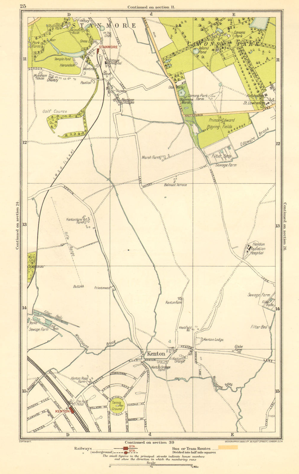 KENTON. Belmont, Stanmore, Canons Park, Edgware 1923 old antique map chart