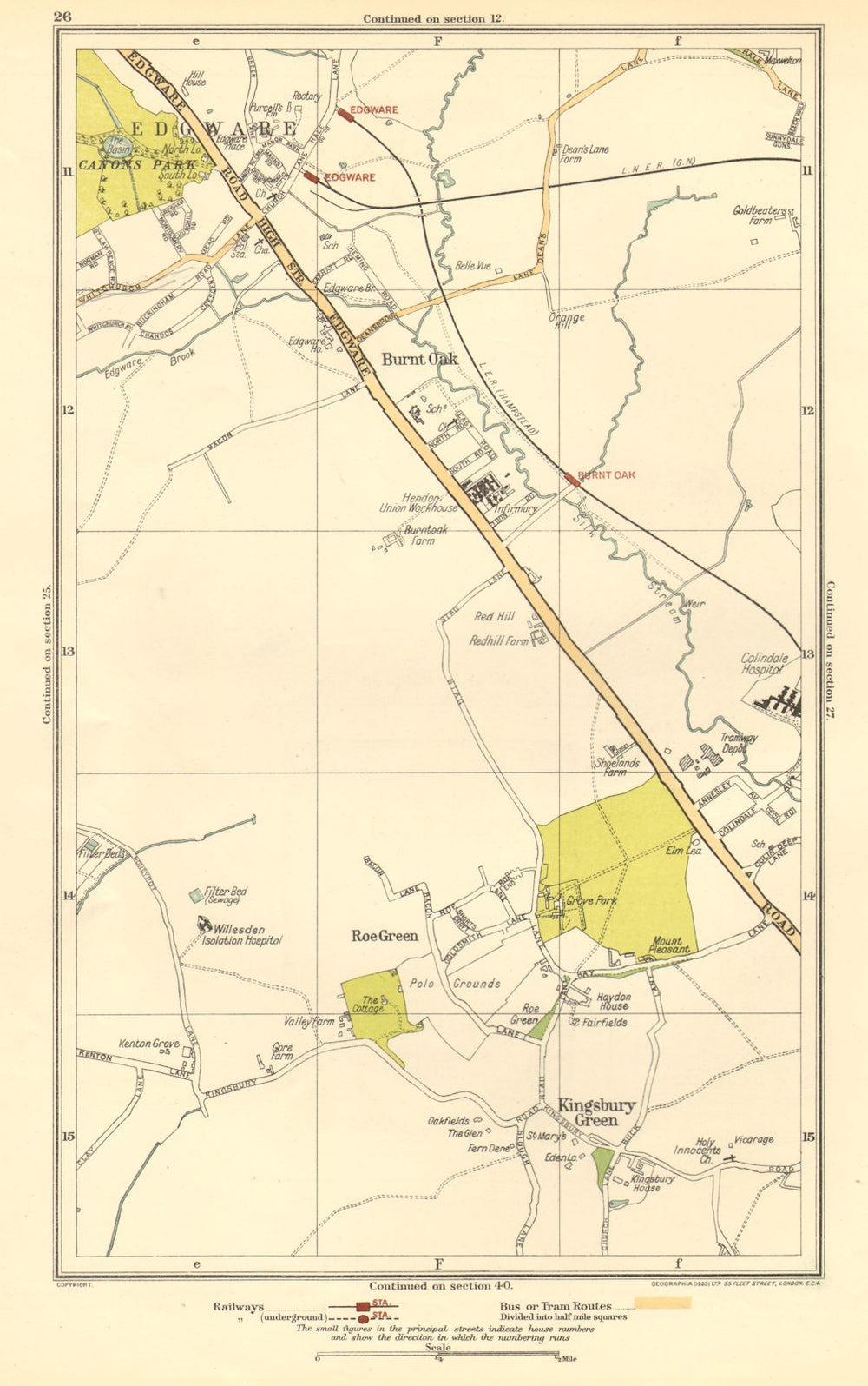 EDGWARE.Burnt Oak,Kingsbury Green,Queensbury,Stanmore,Watling,Roe Grn 1923 map