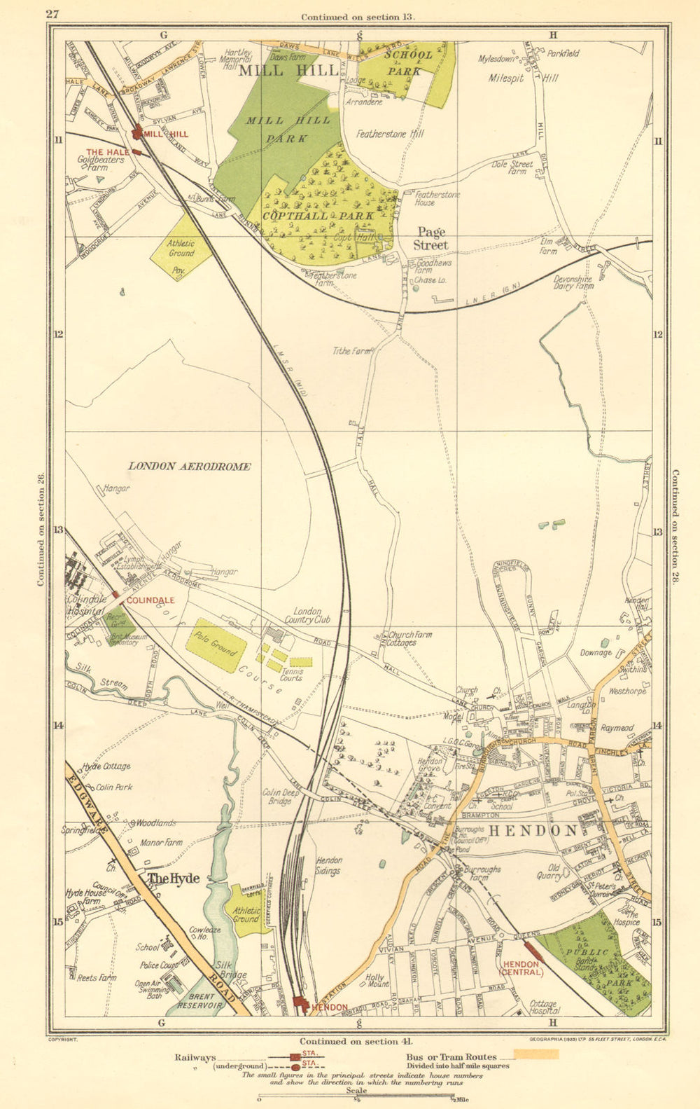 HENDON. The Hyde, Mill Hill, Colindale, Edgware, Southfields 1923 old map