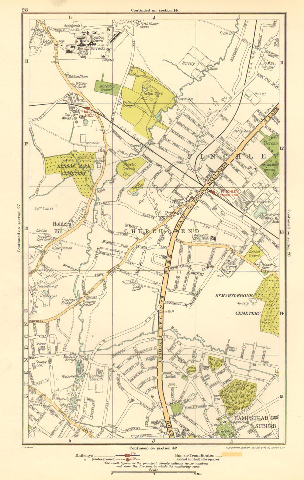 FINCHLEY. Church End, Hampstead Garden Suburb, Mill Hill, Hendon 1923 old map