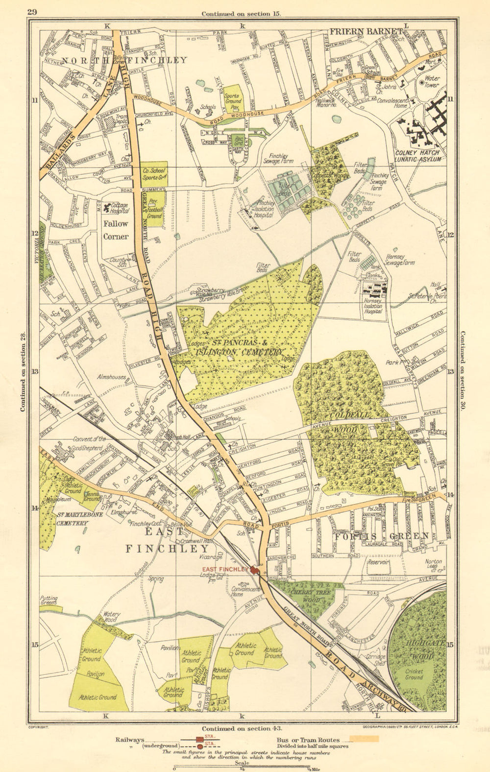 FINCHLEY. Fortis Green, Friern Barnet, Muswell Hill, Fallow Corner 1923 map