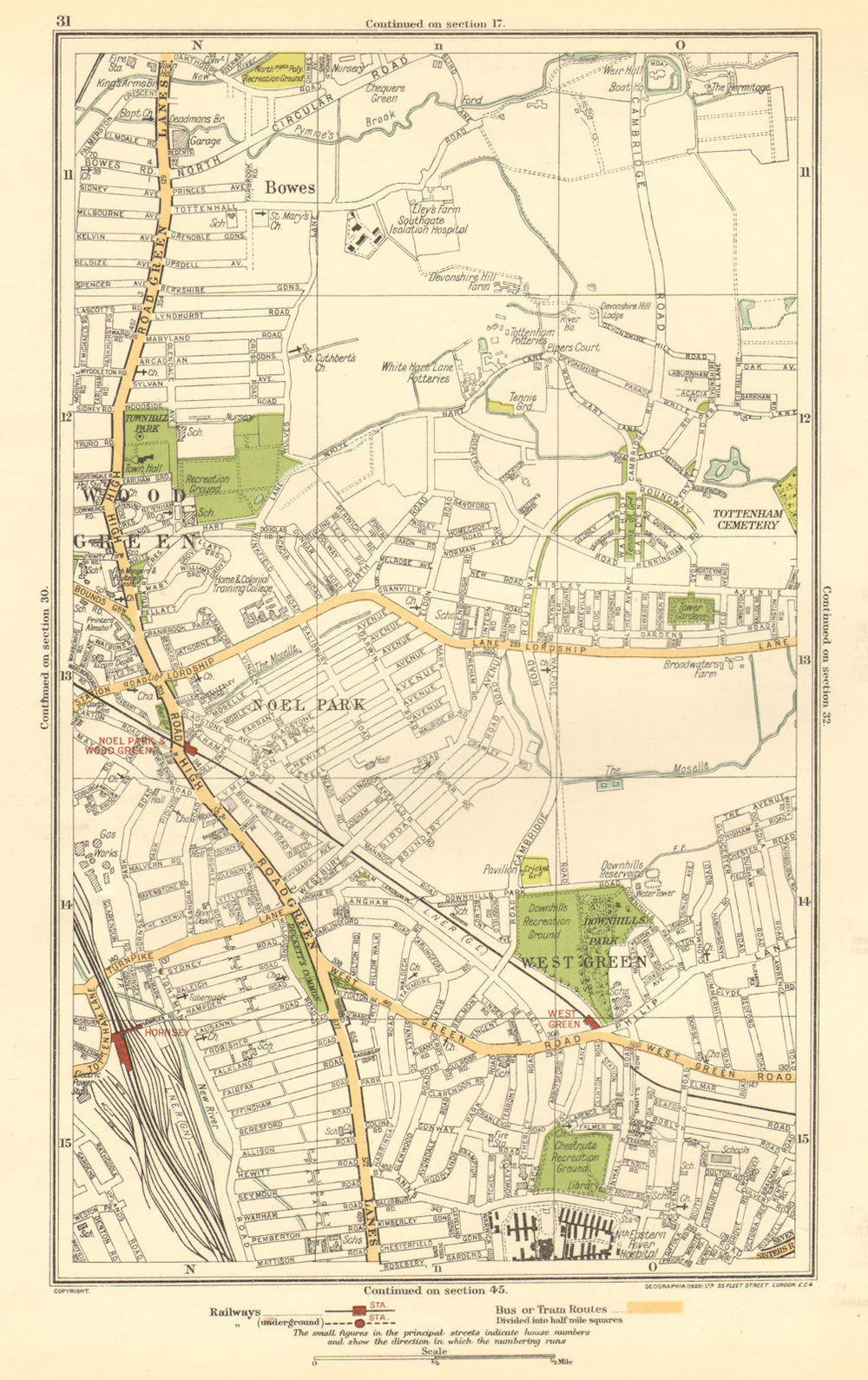 WOOD GREEN. Tottenham, Bowes, Noel Park, West Green, Turnpike Lane 1923 map
