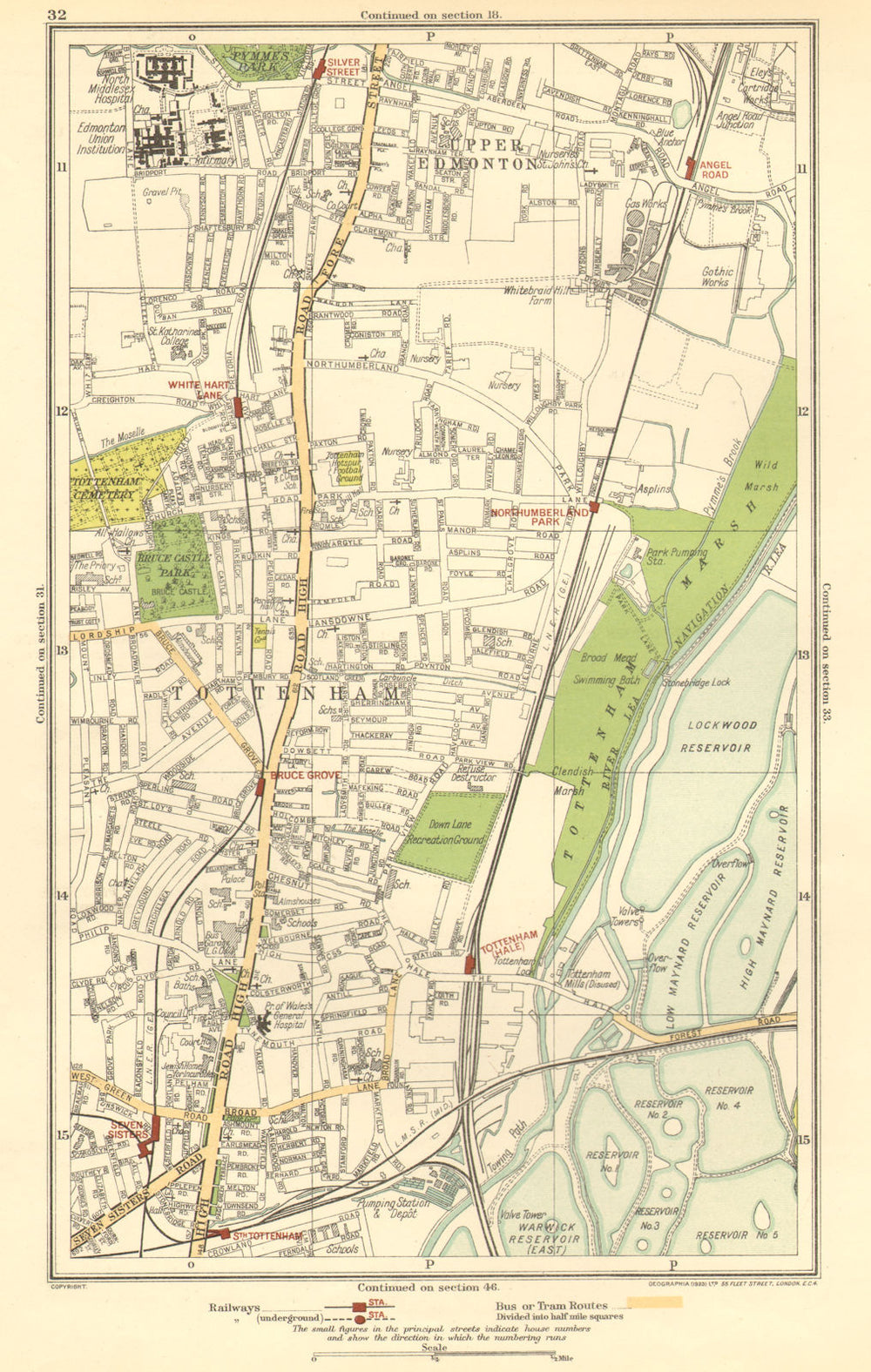 TOTTENHAM. Upper Edmonton, White Hart Lane, Seven Sisters, Angel Road 1923 map