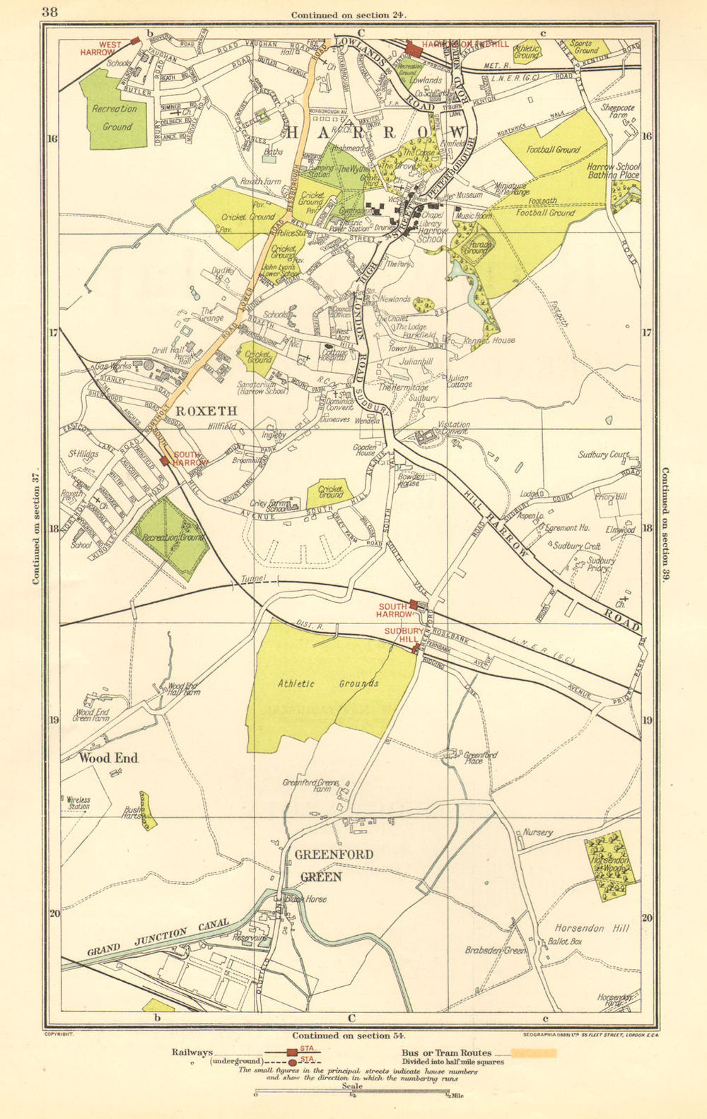 LONDON. Greenford Green,Harrow,Harrow on the Hill,Roxeth,Sudbury Hill 1923 map