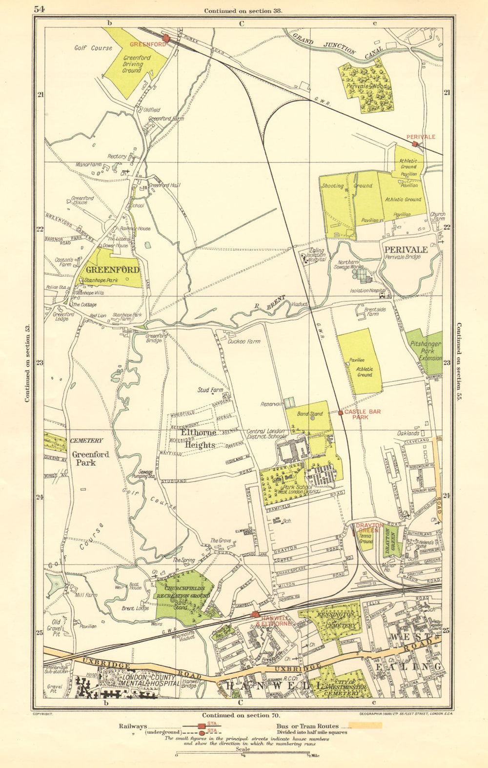 GREENFORD.Perivale,West Ealing,Hanwell,Elthorne Heights,Drayton Green 1923 map