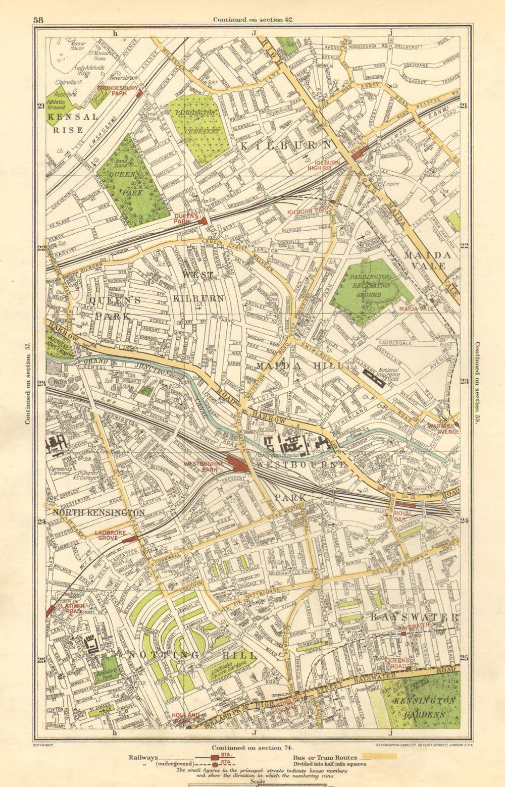 NOTTING HILL.Bayswater,Kilburn,Maida Vale,Westbourne Park,Queens Park 1923 map
