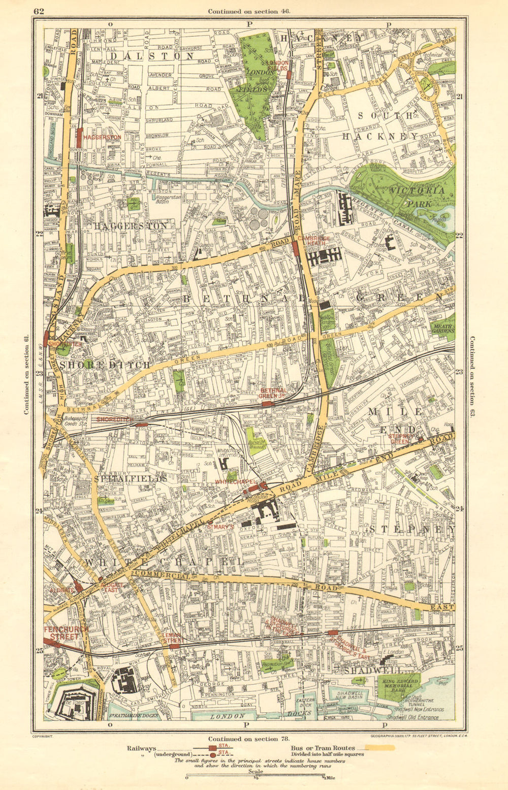 EAST END.Shoreditch,Bethnal Green,Stepney,Hackney,Mile End,Haggerston 1923 map