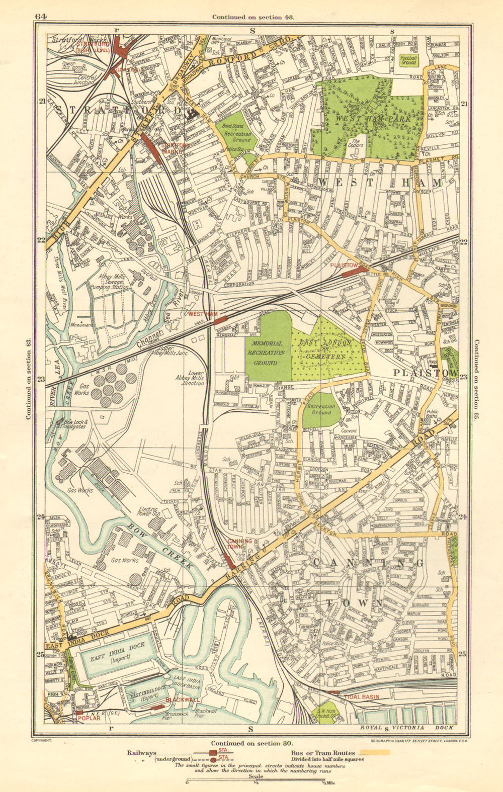 LONDON. Canning Town,Stratford,West Ham,Plaistow,Blackwall,Poplar 1923 old map