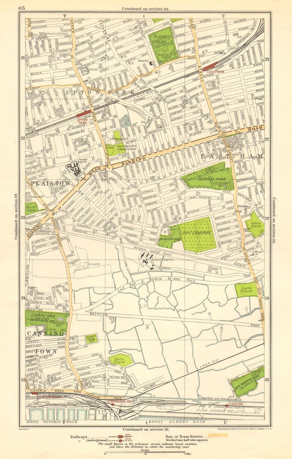 LONDON. East Ham, Plaistow, Upton Park, West Ham, Custom House 1923 old map
