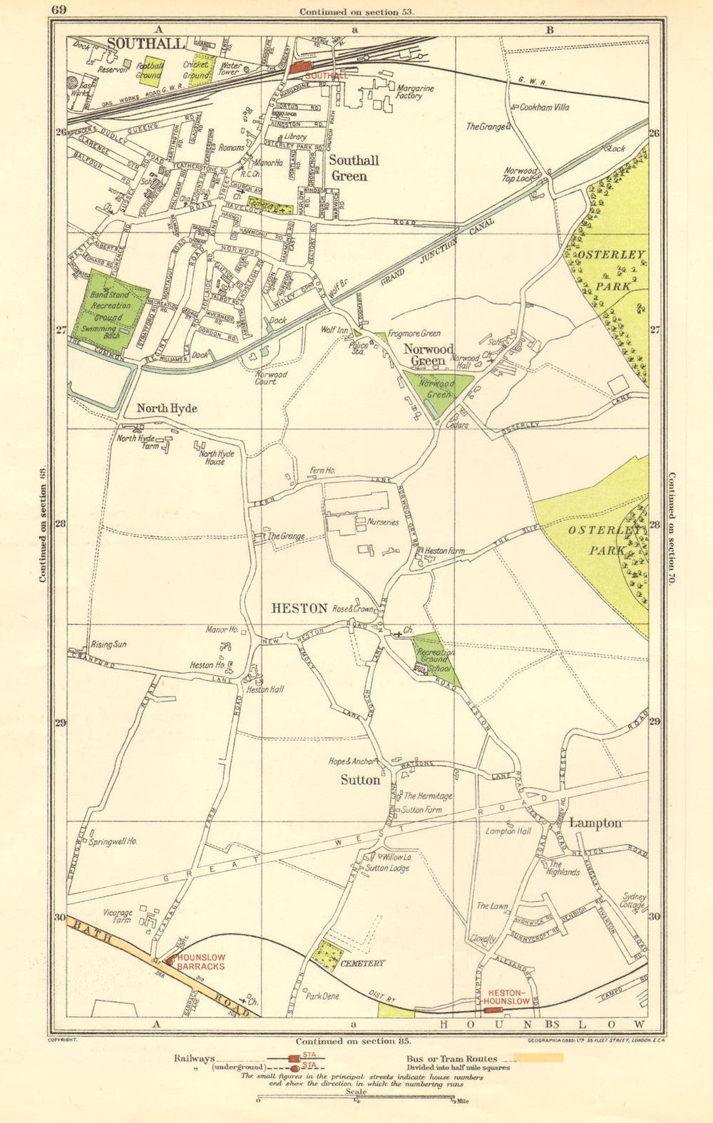 HESTON. Hounslow,Lampton,Norwood Green,Southall,North Hyde,Sutton 1923 old map