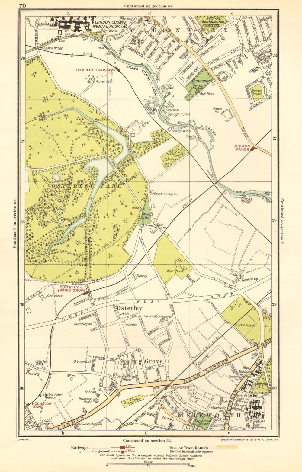 LONDON. Isleworth, Osterley, Spring Grove, Hounslow, Boston Manor 1923 old map