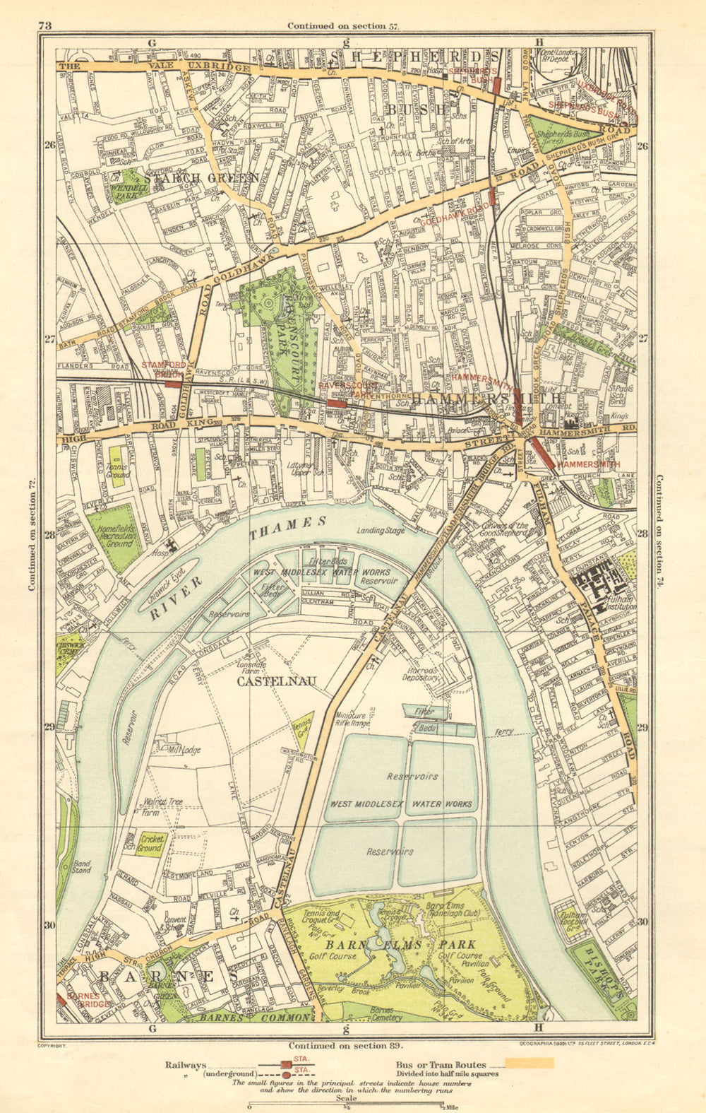 HAMMERSMITH. Barnes, Shepherds Bush, Fulham, Castlenau, Starch Green 1923 map