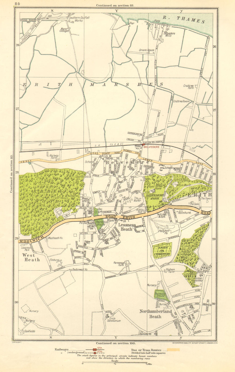 LONDON. Belvedere, Erith, Lessness Heath, Northumberland Heath 1923 old map