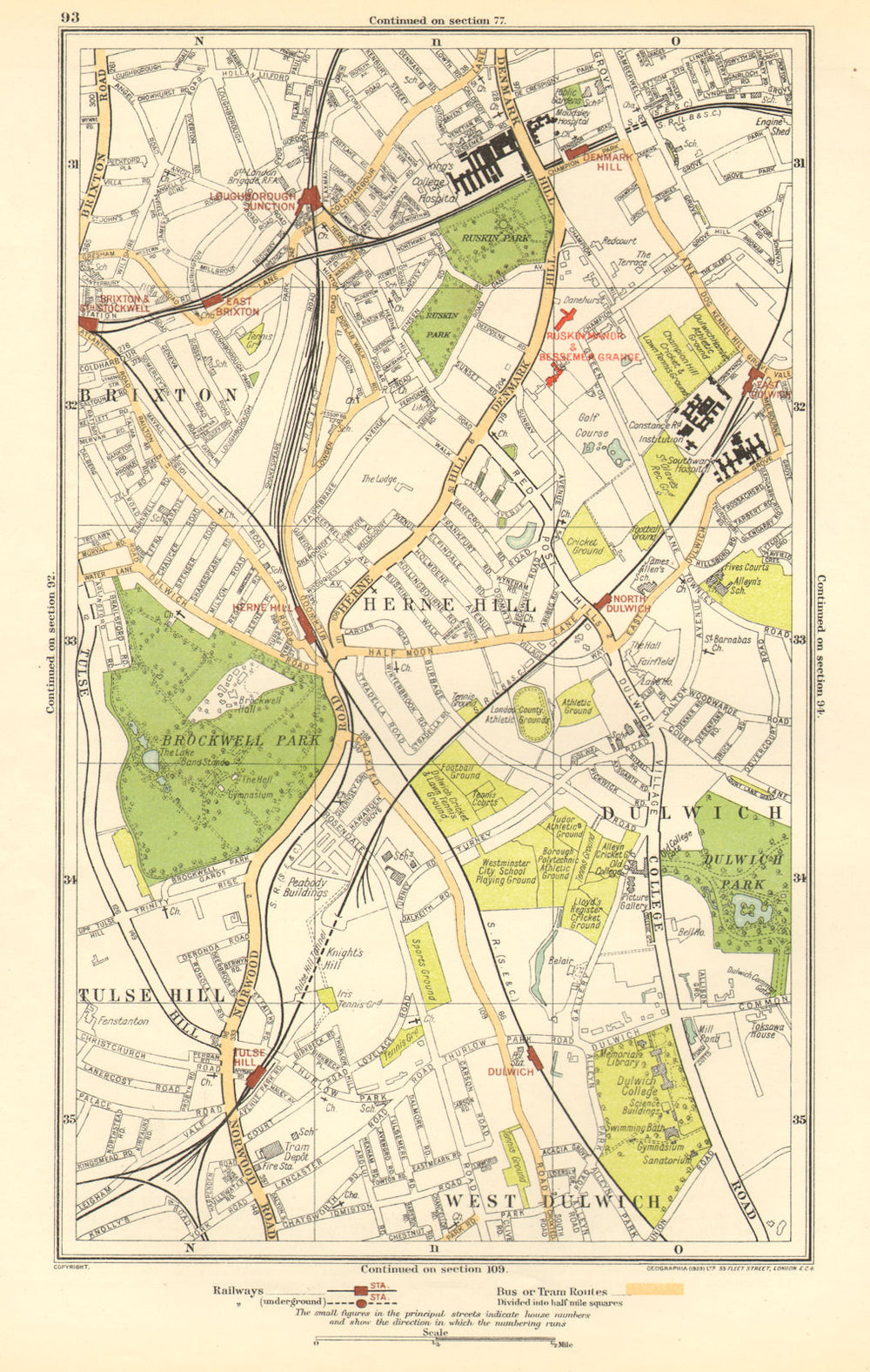 LONDON. Dulwich,Herne Hill,Tulse Hill,Brixton,Stockwell,Denmark Hill 1923 map