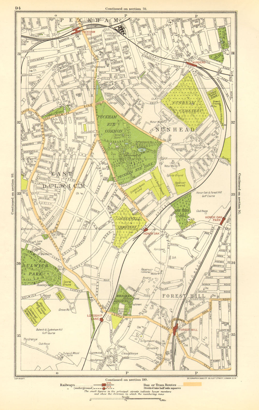 LONDON. East Dulwich, Forest Hill, Nunhead, Peckham Rye, Honor Oak 1923 map