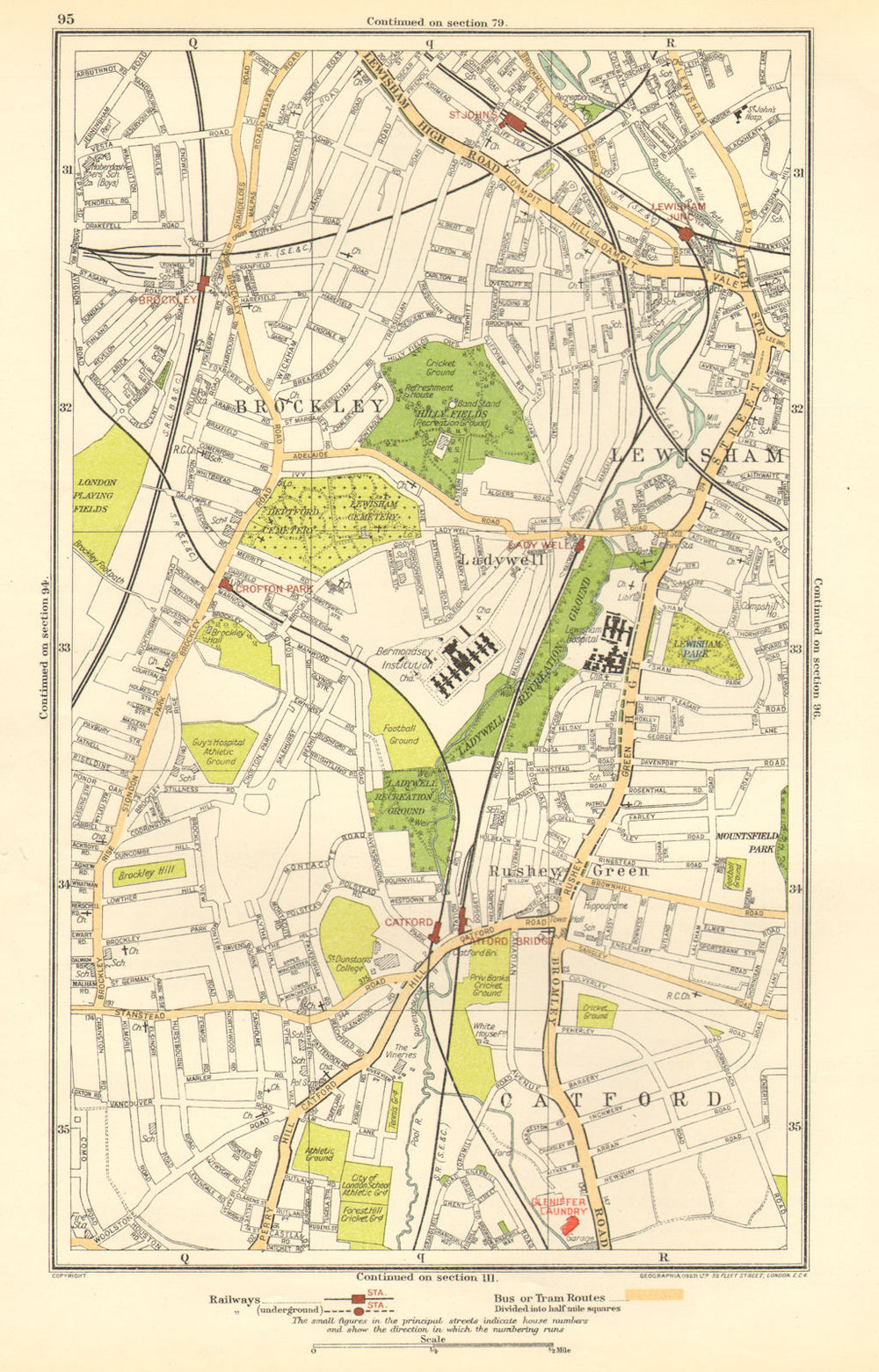 LEWISHAM. Brockley, Catford, Ladywell, New Cross, Rushey Green 1923 old map