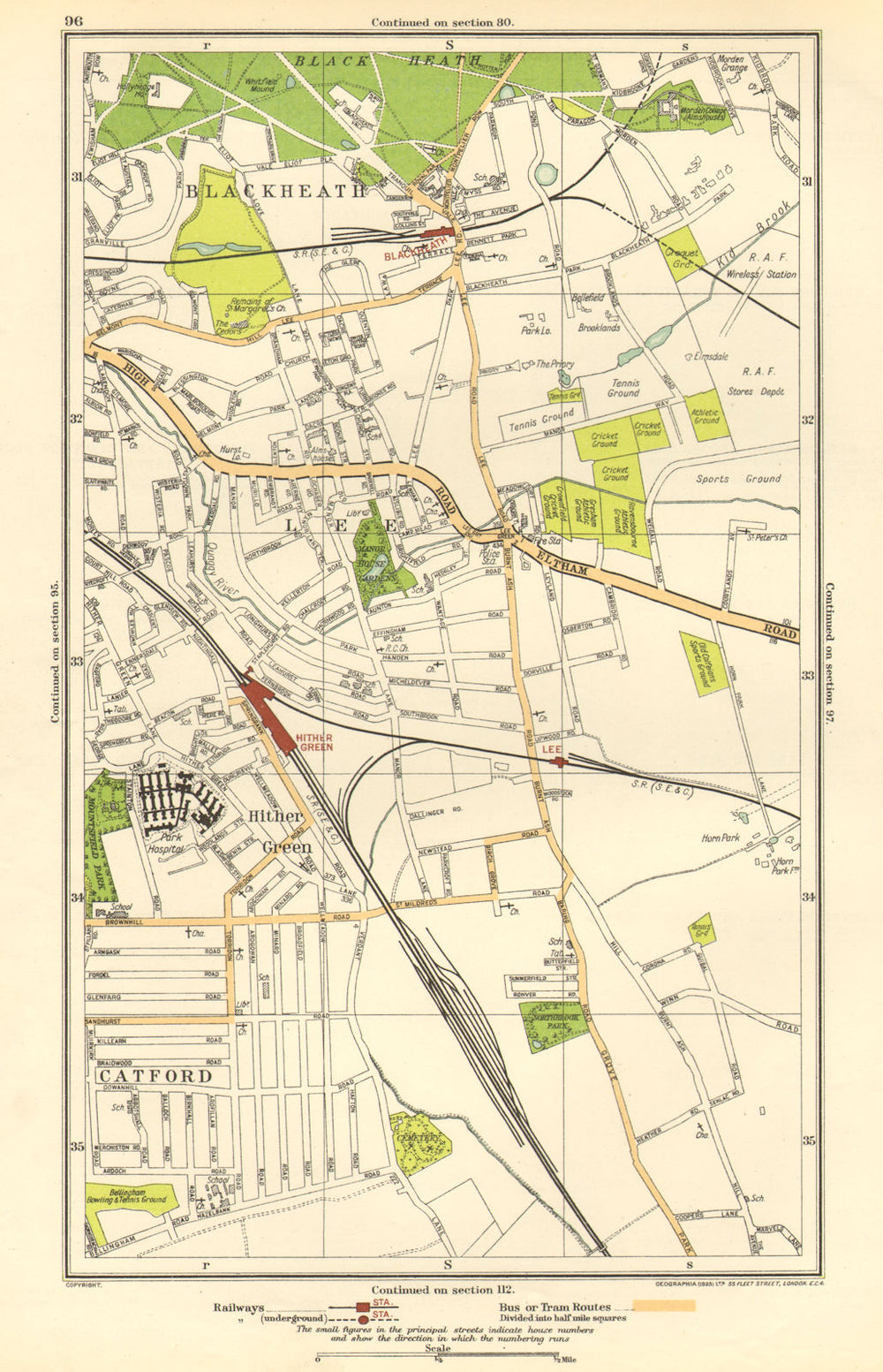 LONDON. Blackheath, Hither Green, Lee, Catford, Kidbrooke 1923 old antique map