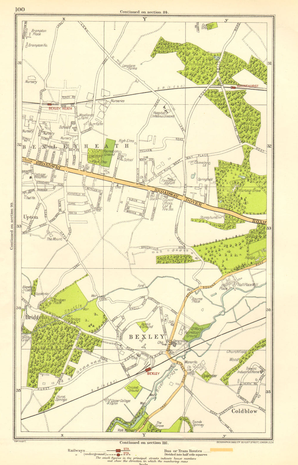LONDON. Bexley, Bexleyheath, Bridgen, Coldblow, Upton, Barnehurst 1923 map
