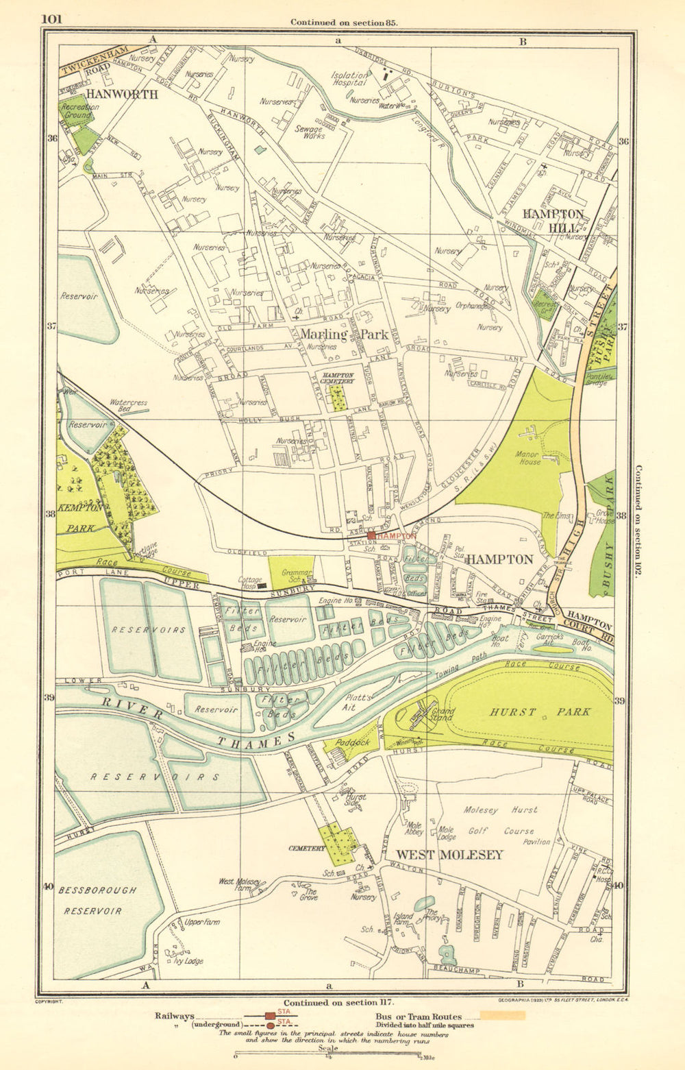 HAMPTON. Hampton Hill, Marling Park,West Molesey,Hanworth,Hurst Park 1923 map
