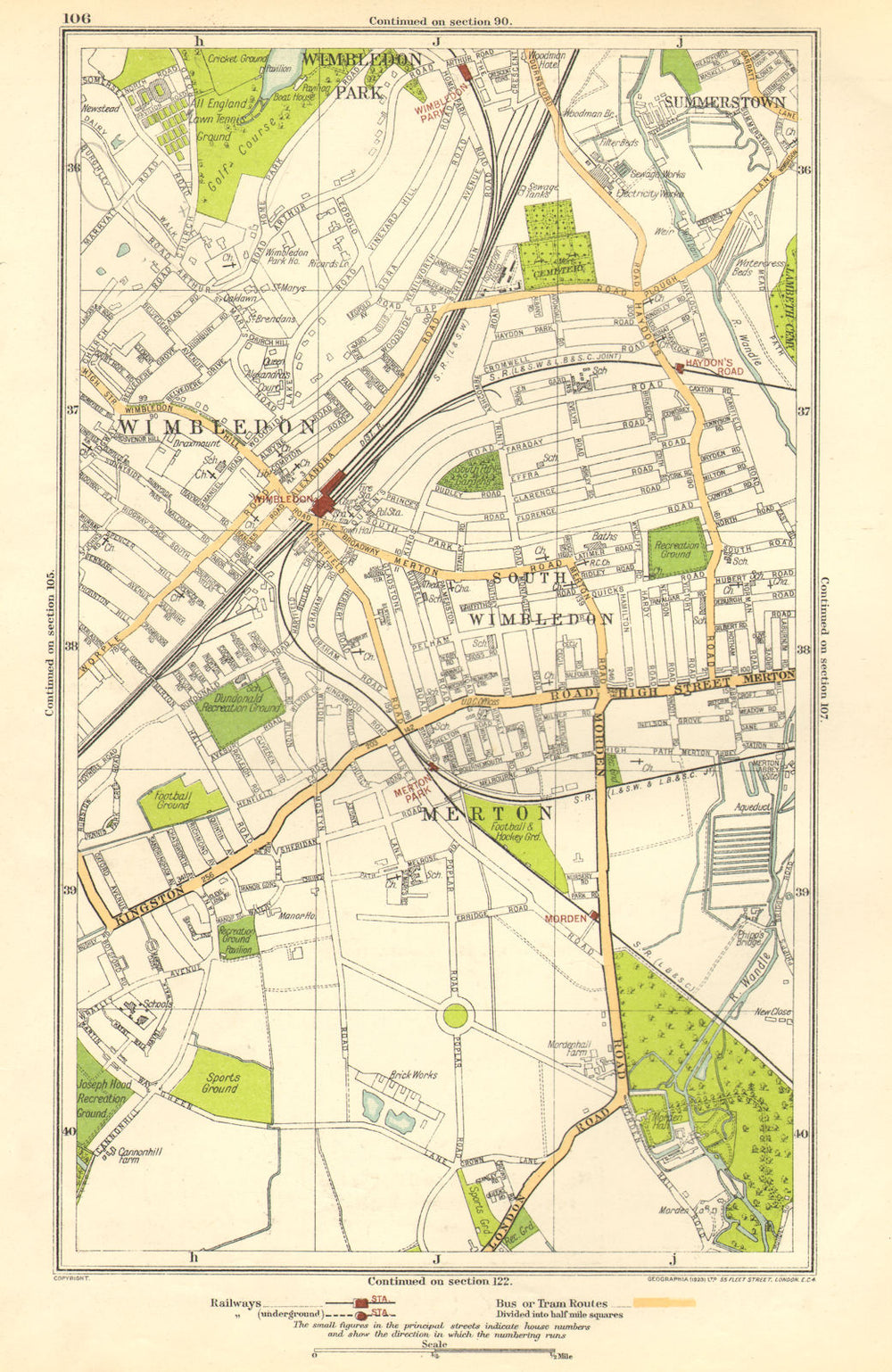 LONDON. Merton, South Wimbledon, Summerstown, Haydon's Road, Morden 1923 map