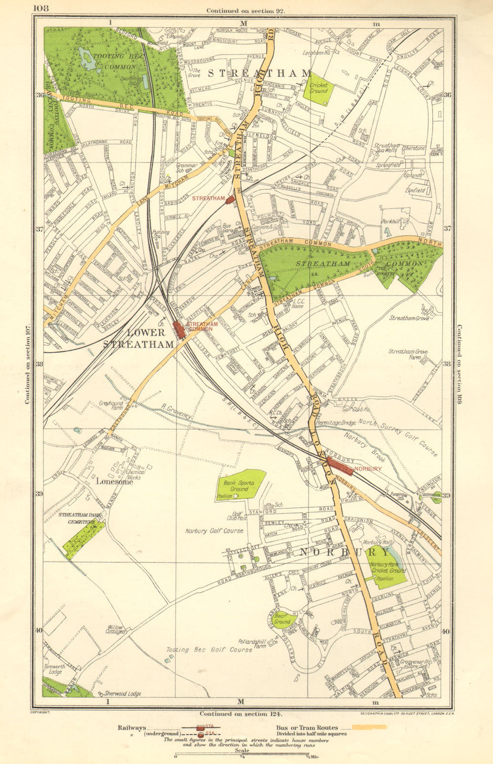 LONDON.Lonesome,Lower Streatham,Norbury,Streatham Common,Tooting Bec 1923 map