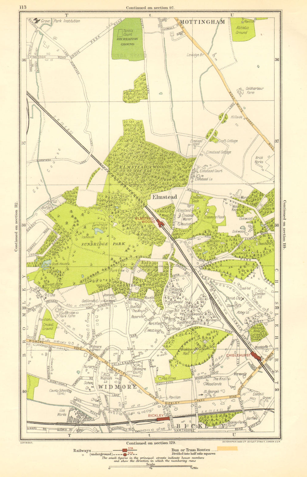 LONDON.Bickley,Elmstead,Widmore,Mottingham,Chislehurst,Chalkpit Wood 1923 map