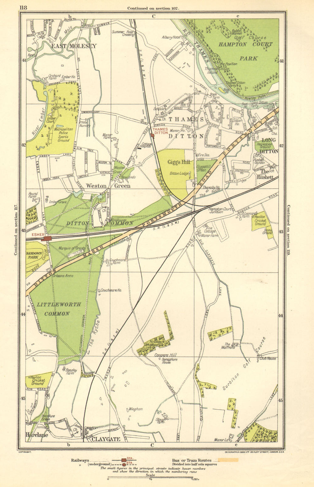 THAMES DITTON / LONG DITTON. Esher, East Molesey, Claygate, Harelane 1923 map