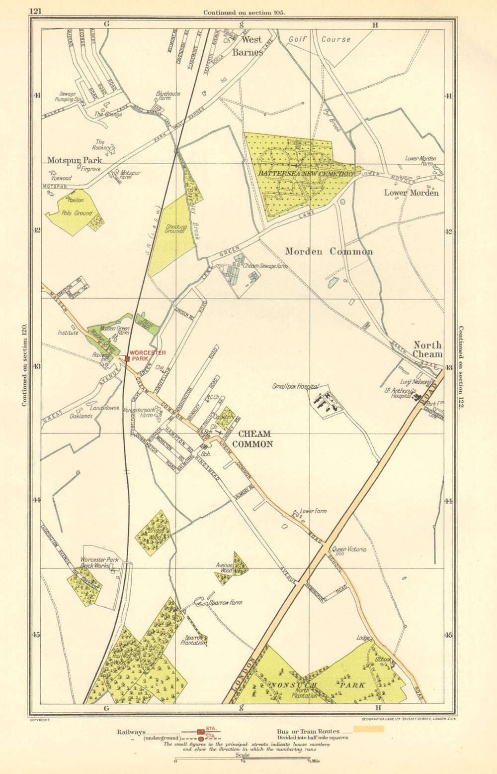 CHEAM. Stoneleigh; Worcester, Morden Common, Motspur Park,West Barnes 1923 map