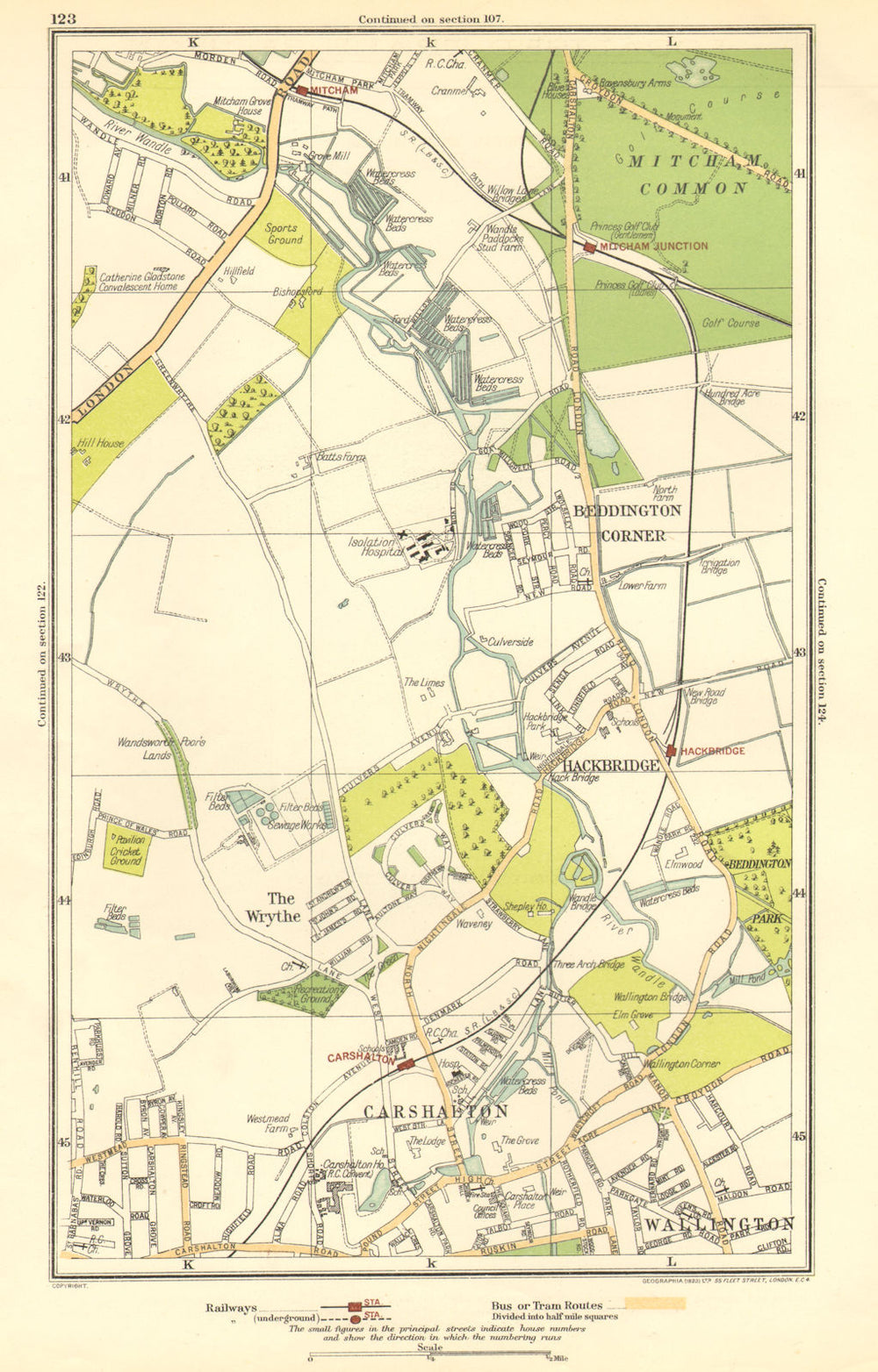 CARSHALTON. Wallington, Mitcham Junction,The Wrythe,Sutton,Hackbridge 1923 map