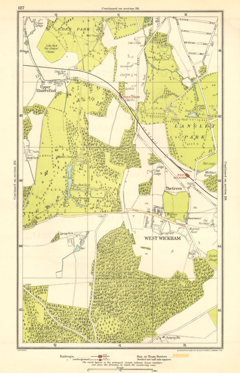 LONDON. Upper Elmers End, West Wickham, Eden Park, Spring Park 1923 old map