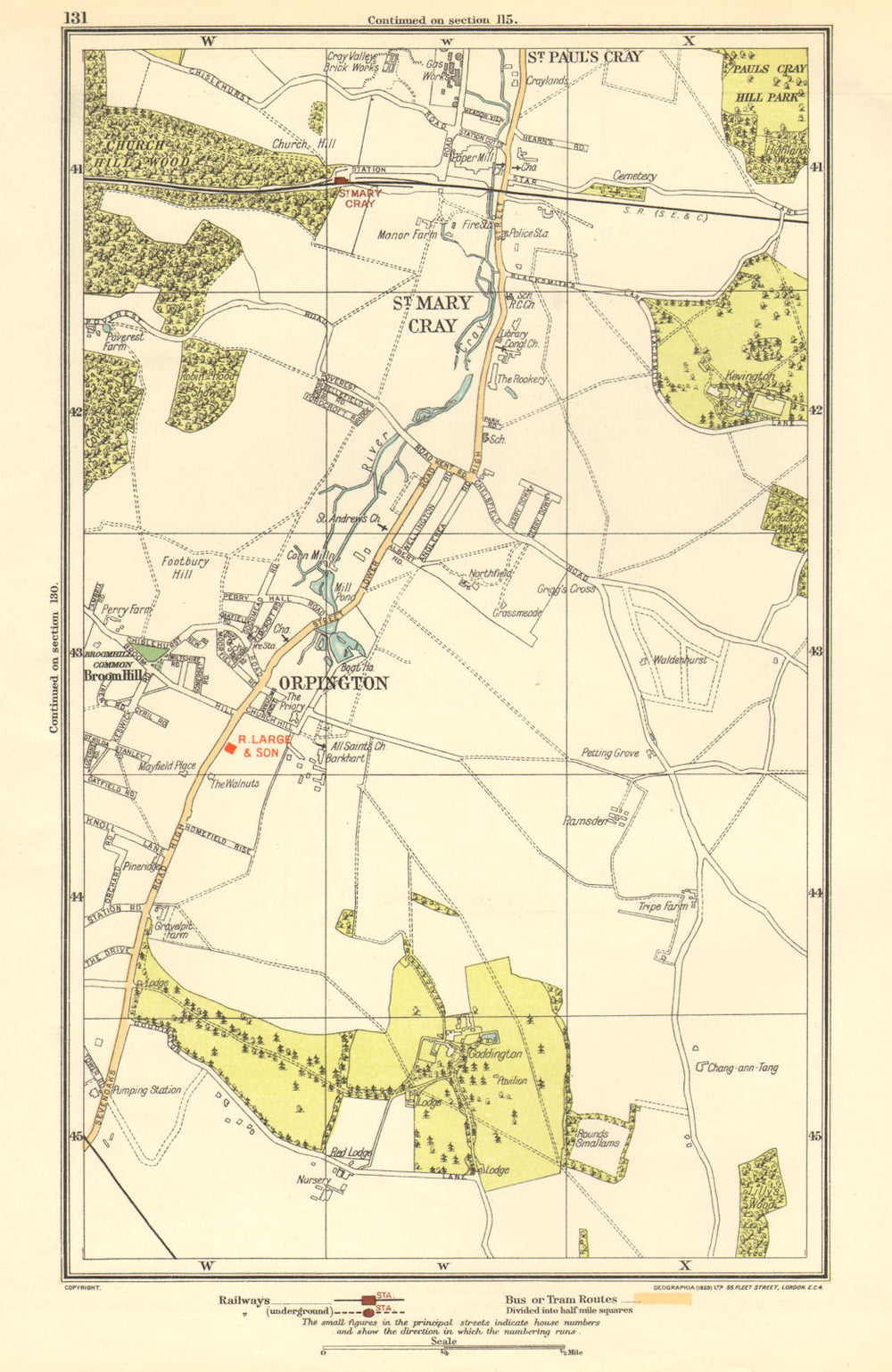 ORPINGTON. St Mary Cray, St Paul's Cray, Broom Hill, Goddington 1923 old map