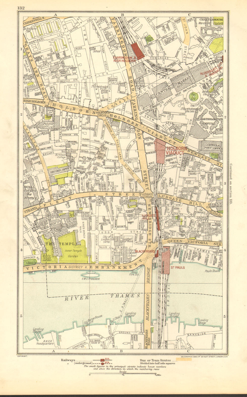 LONDON. Holborn, Farringdon, Fleet St, Chancery Lane 1923 old antique map
