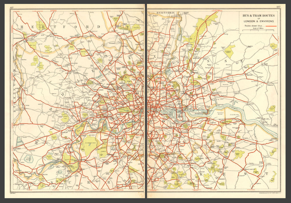 LONDON. Bus & Tram Routes of London & Environs 1923 old antique map plan chart