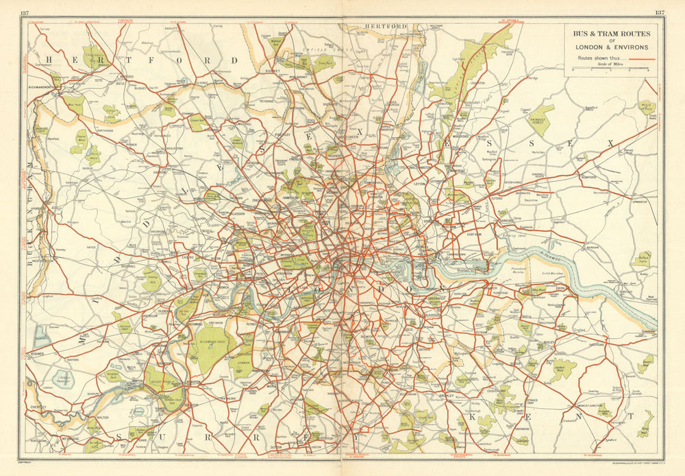 LONDON. Bus & Tram Routes of London & Environs 1923 old antique map plan chart