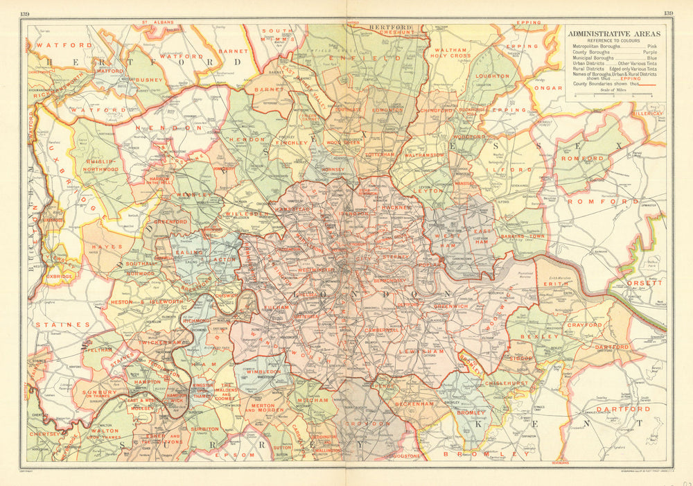 LONDON. Administrative Areas; Boroughs & Districts 1923 old antique map chart