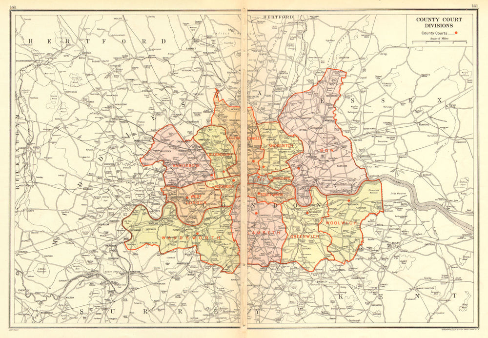 LONDON. County Court Divisions 1923 old antique vintage map plan chart