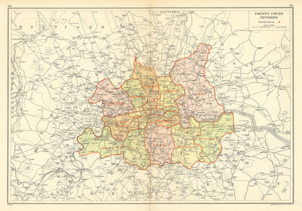 LONDON. County Court Divisions 1923 old antique vintage map plan chart