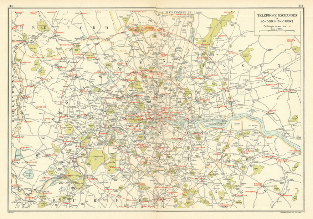 LONDON. Telephone Exchanges of London & Environs 1923 old antique map chart