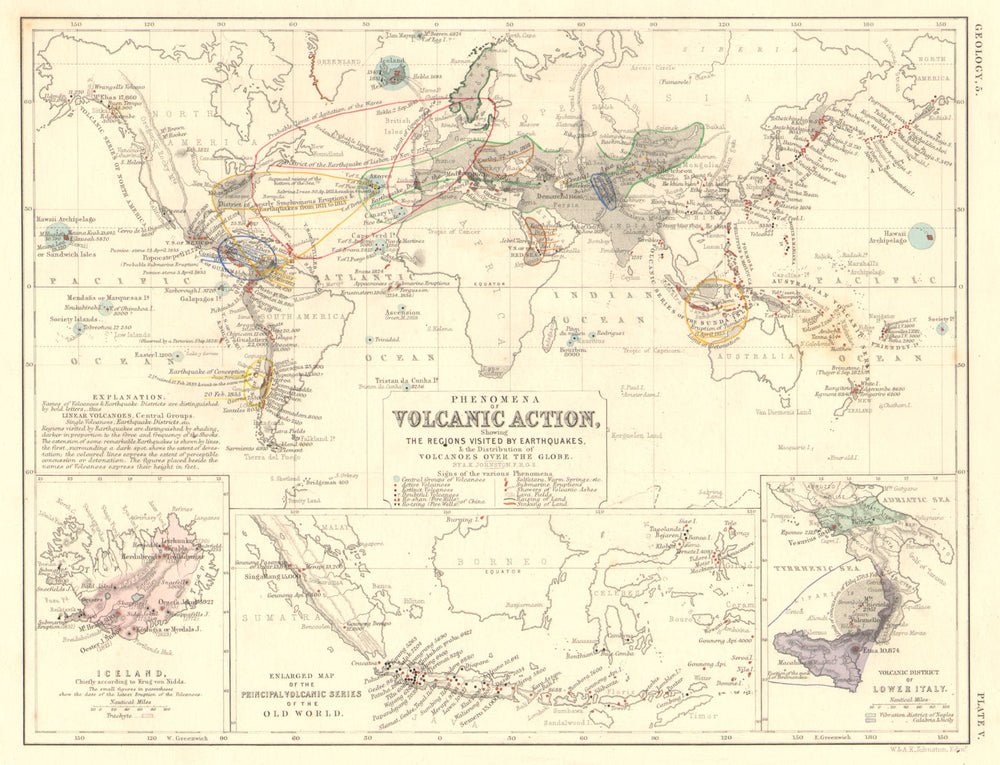 WORLD. Volcanoes.Volcanic action. Earthquakes.Iceland Indonesia Italy 1850 map